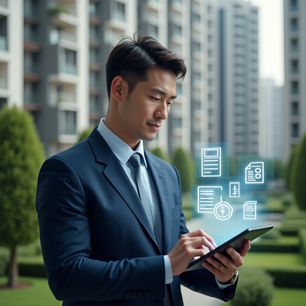Ultra-realistic condominium manager in a tailored navy blue suit, set in a modern luxury condominium environment with high-rise buildings and manicured green landscaping, reviewing a holographic financial checklist and floating document icons above a digital tablet, confident and focused expression, cinematic lighting, shallow depth of field, highly detailed textures, realistic skin, photographic realism, 8k resolution --ar 1:1 --v 6