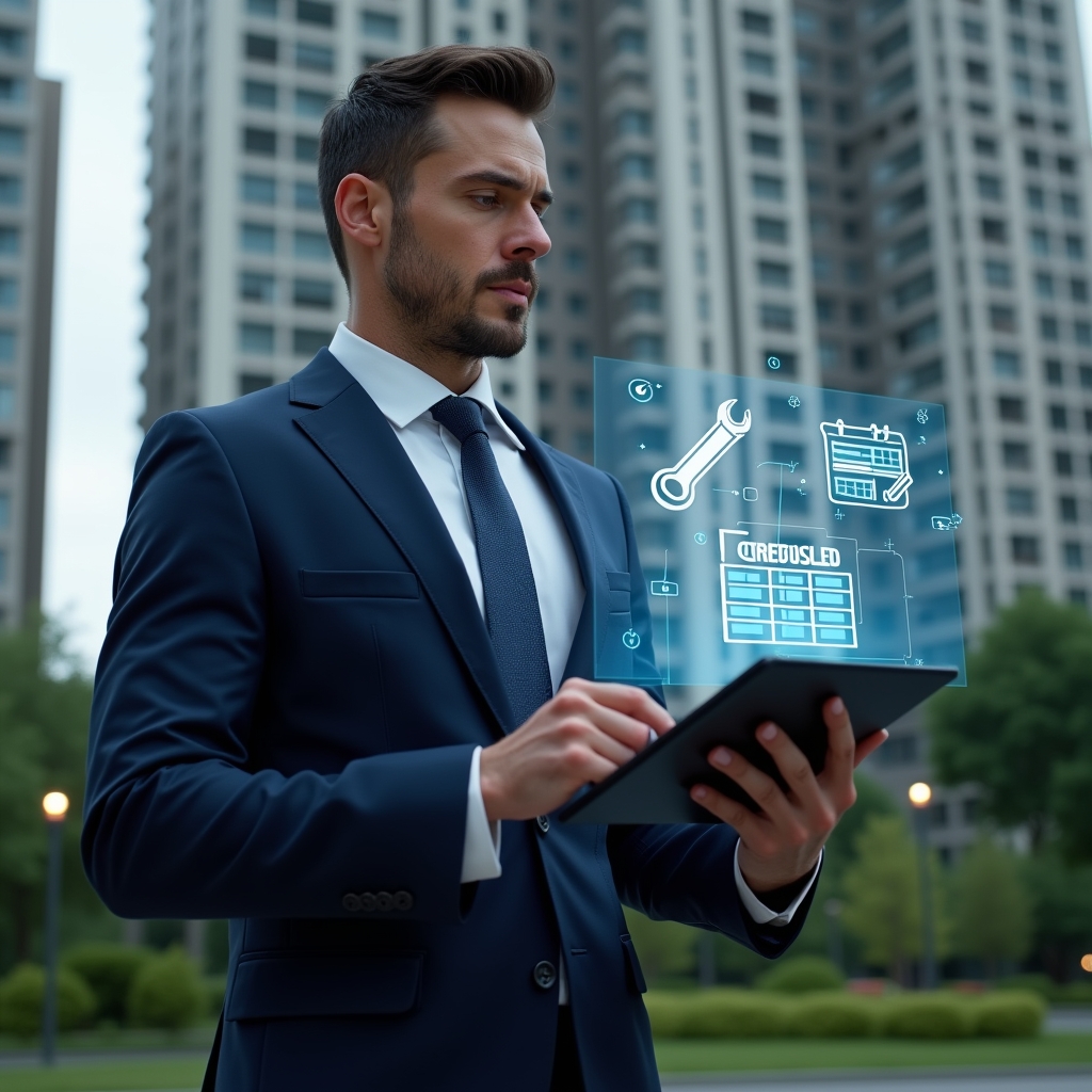 Ultra-realistic condominium manager in a navy executive suit, set in a modern luxury condominium environment with high-rise buildings and lush green landscaping, holding a digital tablet displaying a holographic maintenance checklist, confidently analyzing the preventive maintenance schedule, with floating icons of a wrench and calendar, cinematic lighting, shallow depth of field, highly detailed textures, realistic skin, photographic realism, 8k resolution --ar 1:1 --v 6