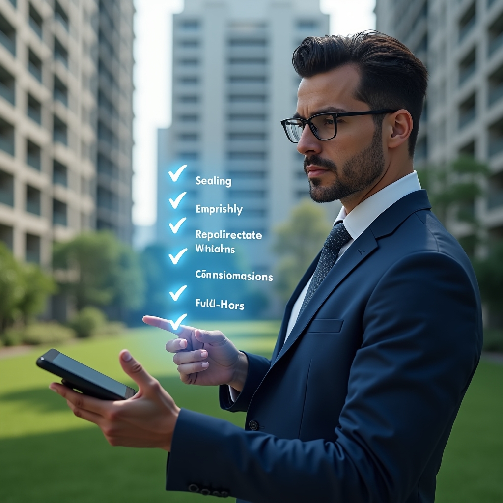 Ultra-realistic condominium manager in a navy blue executive suit, set in a modern luxury condominium environment with high-rise buildings and manicured green landscaping, examining a floating holographic monthly checklist with tick-mark icons, holding a tablet and pointing at completed tasks, confident and focused expression, cinematic lighting, shallow depth of field, highly detailed textures, realistic skin, photographic realism, 8k resolution --ar 1:1 --v 6