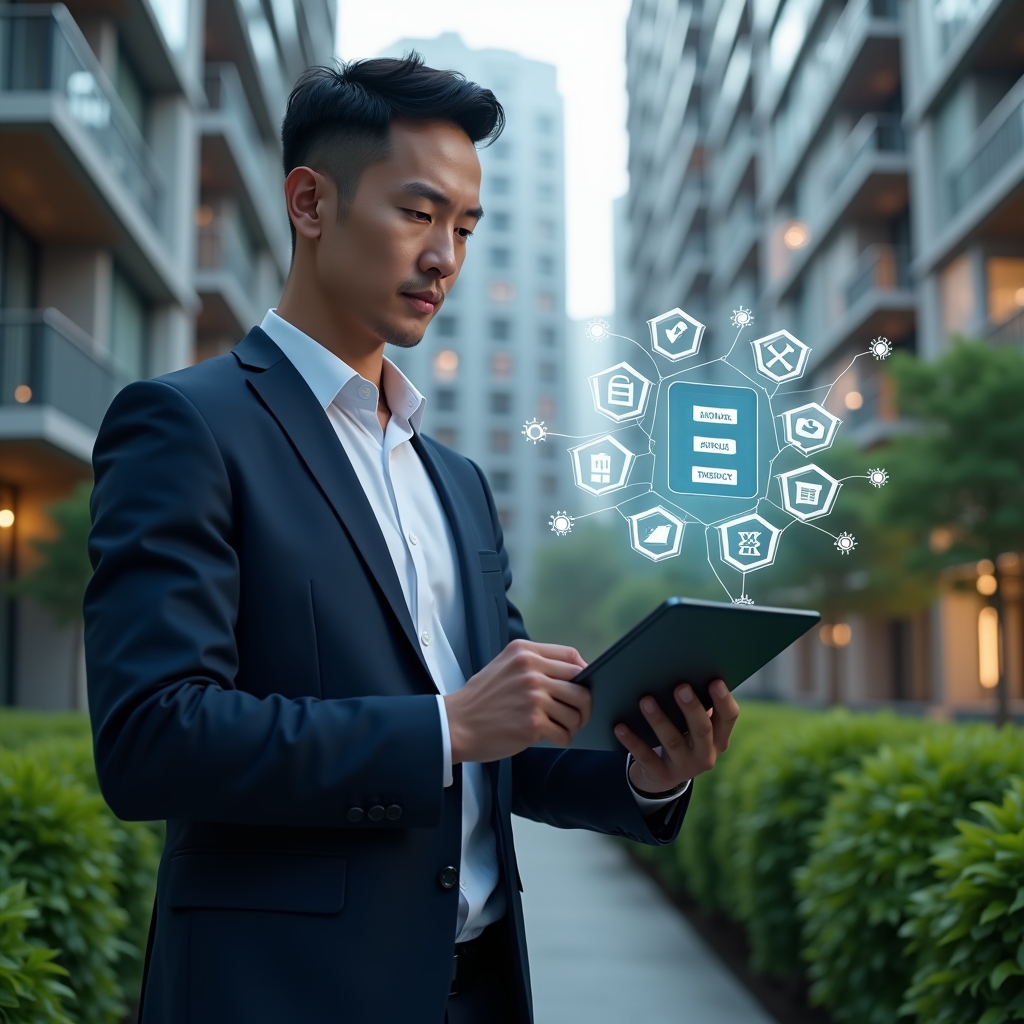 Ultra-realistic condominium manager in a navy executive suit, set in a modern luxury condominium environment with high-rise buildings and manicured green gardens, examining a holographic annual checklist projected from a sleek tablet, surrounded by floating icons of cleaning tools, maintenance gears and calendar symbols, confident and focused expression, cinematic lighting, shallow depth of field, highly detailed textures, realistic skin, photographic realism, 8k resolution --ar 1:1 --v 6