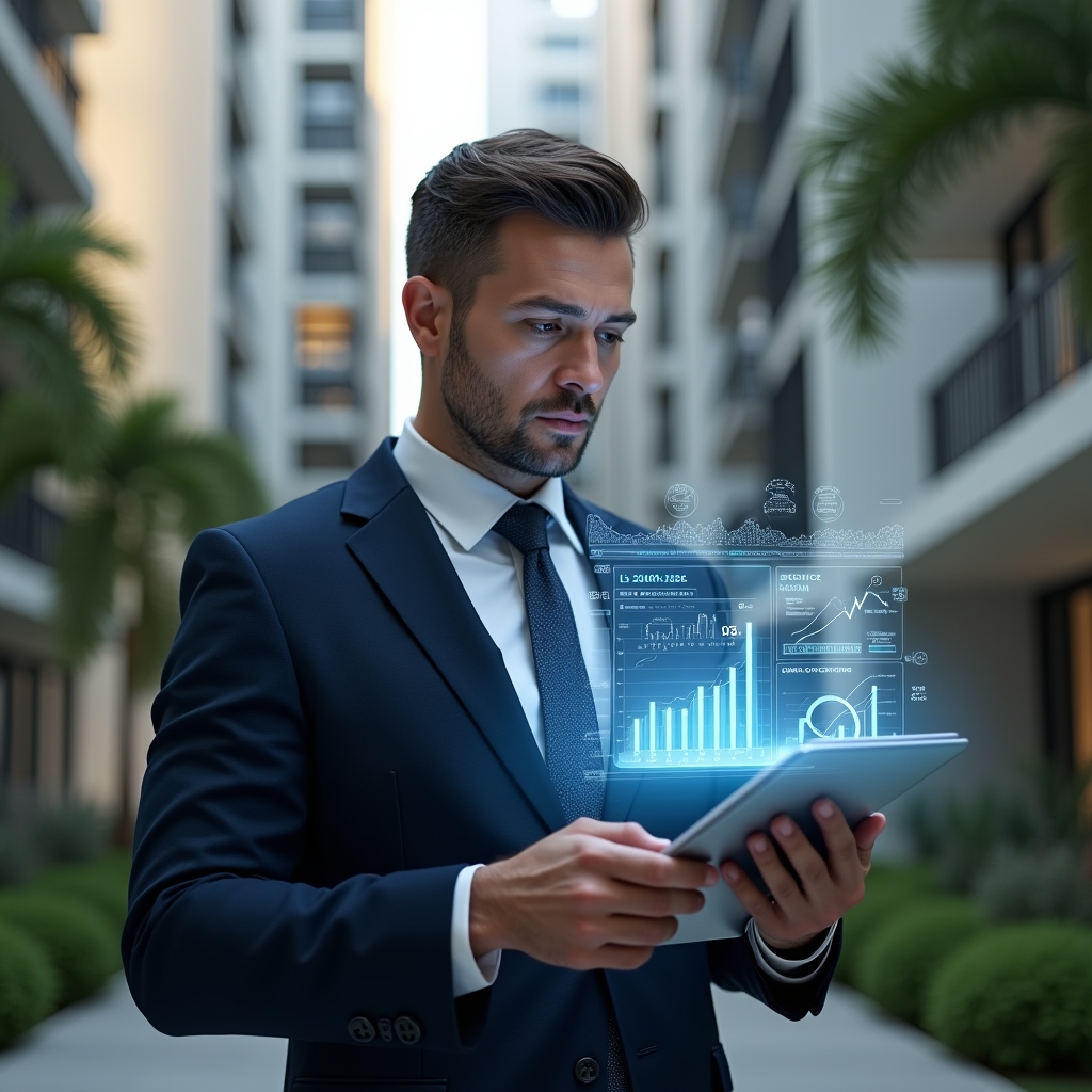 (Ultra-realistic condominium manager in a navy executive suit, set in a modern luxury condominium environment with high-rise buildings and meticulously landscaped gardens, reviewing a floating holographic financial report with charts and graphs, confident and focused expression, digital tablet in hand displaying transparent interface icons, cinematic lighting, shallow depth of field, highly detailed textures, realistic skin, photographic realism, 8k resolution --ar 1:1 --v 6)