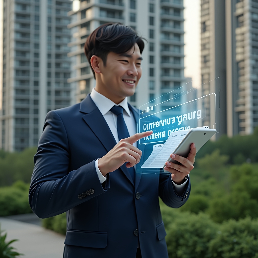 Ultra-realistic condominium manager in a navy suit, set in a modern luxury condominium environment with high-rise buildings and lush green landscaping, holding a tablet displaying a holographic activity schedule and pointing at it, with floating calendar and checklist icons around them, cinematic lighting, shallow depth of field, highly detailed textures, realistic skin, photographic realism, 8k resolution --ar 1:1 --v 6