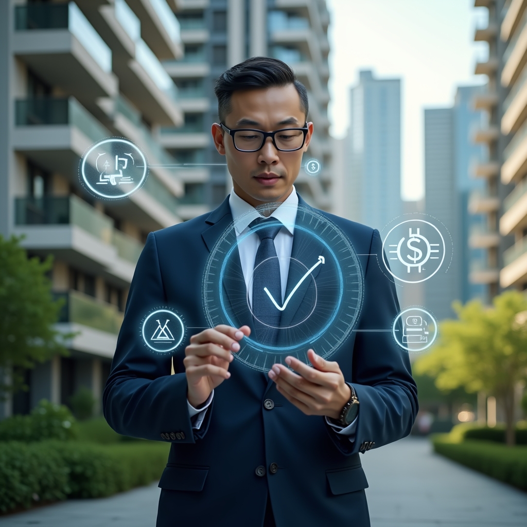 Ultra-realistic condominium manager in a navy executive suit, set in a modern luxury condominium environment with high-rise buildings and lush green landscaping, mid-shot, confidently analyzing a holographic checklist marked with five crossed-out errors, surrounded by floating icons of communication, finance and maintenance, cinematic lighting, shallow depth of field, highly detailed textures, realistic skin, photographic realism, 8k resolution --ar 1:1 --v 6