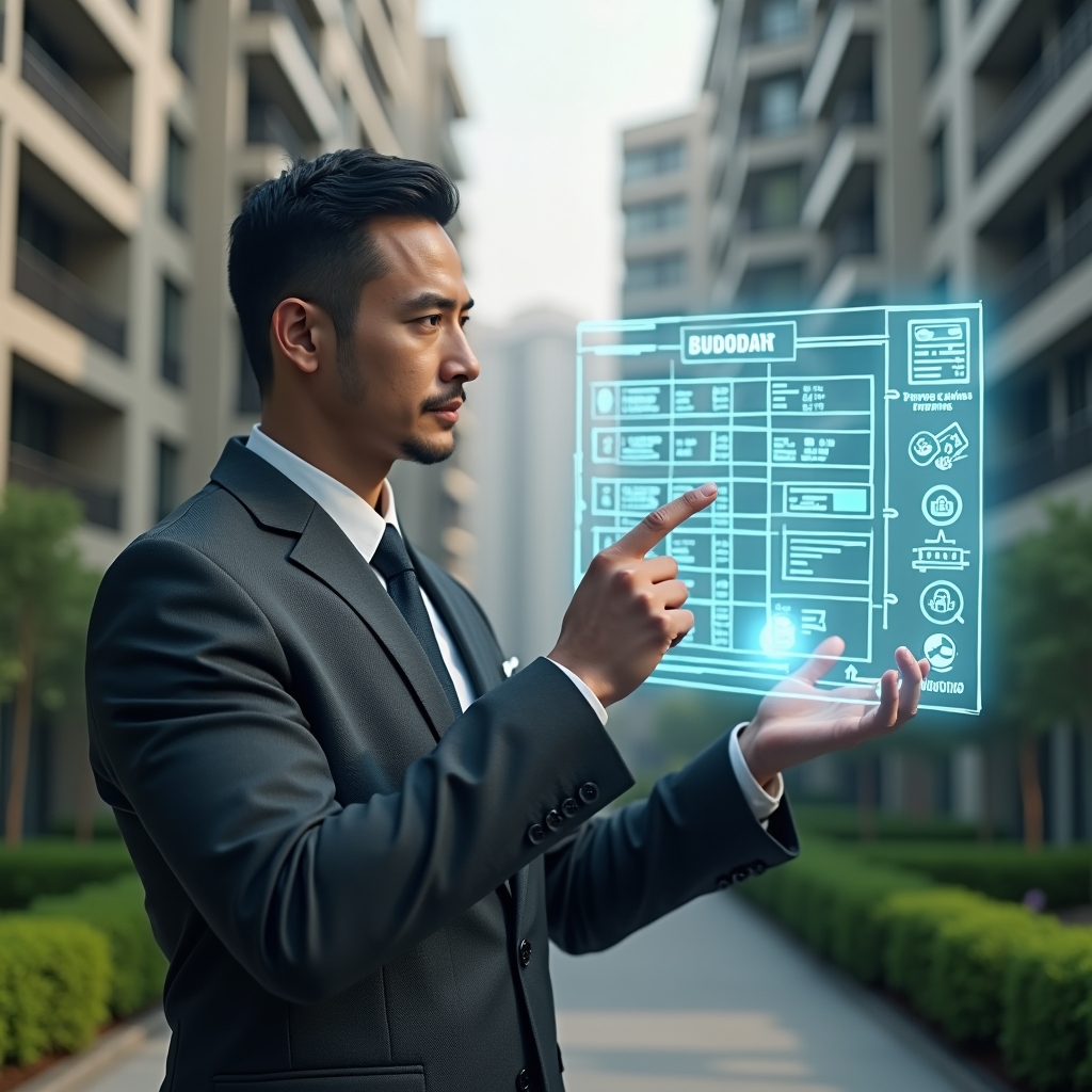 (Ultra-realistic condominium manager in a charcoal gray suit, set in a modern luxury condominium environment with high-rise buildings and manicured green landscaping, confidently pointing at a floating holographic budget chart displaying ordinary and extraordinary expense breakdowns, holographic icons of coins and a calendar hovering beside him, cinematic lighting, shallow depth of field, highly detailed textures, realistic skin, photographic realism, 8k resolution --ar 1:1 --v 6)
