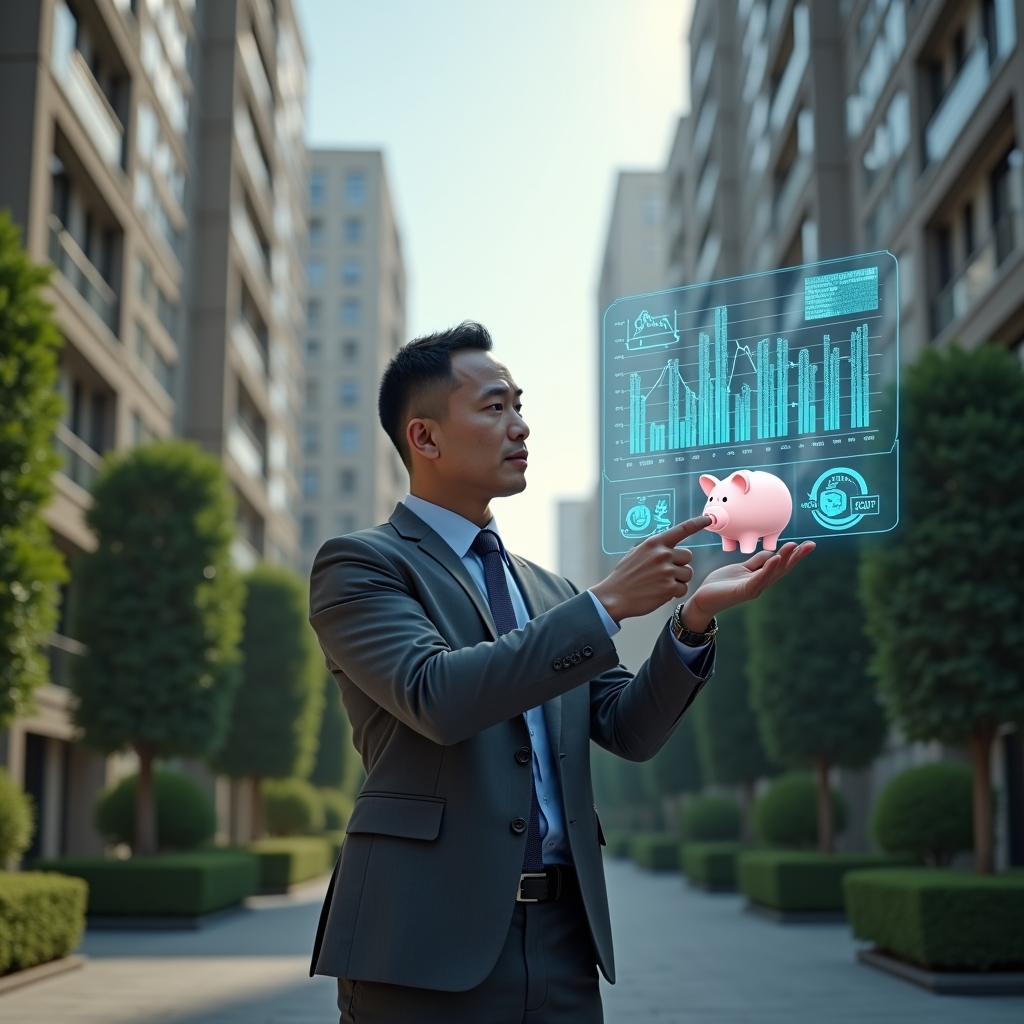 (Ultra-realistic condominium manager in a charcoal gray executive suit, set in a modern luxury condominium environment with high-rise buildings and meticulously manicured gardens, examining a holographic financial chart and pointing at projected cost-saving icons, piggy bank and maintenance tools floating beside him, confident and analytical expression, cinematic lighting, shallow depth of field, highly detailed textures, realistic skin, photographic realism, 8k resolution --ar 1:1 --v 6)