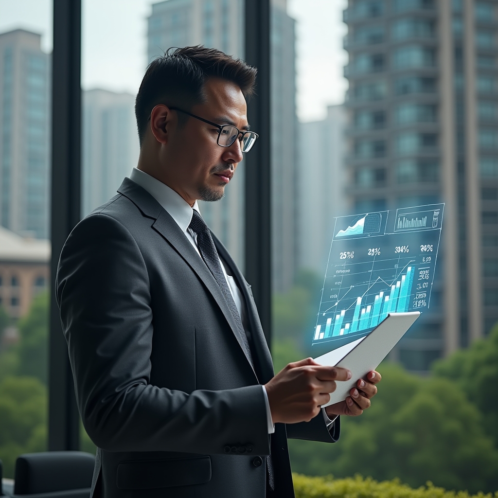 Ultra-realistic condominium manager in a charcoal gray suit, set in a modern luxury condominium environment with high-rise buildings and green landscaping, analyzing a floating holographic financial report with glowing charts and graphs, confident and focused expression, cinematic lighting, shallow depth of field, highly detailed textures, realistic skin, photographic realism, 8k resolution --ar 1:1 --v 6