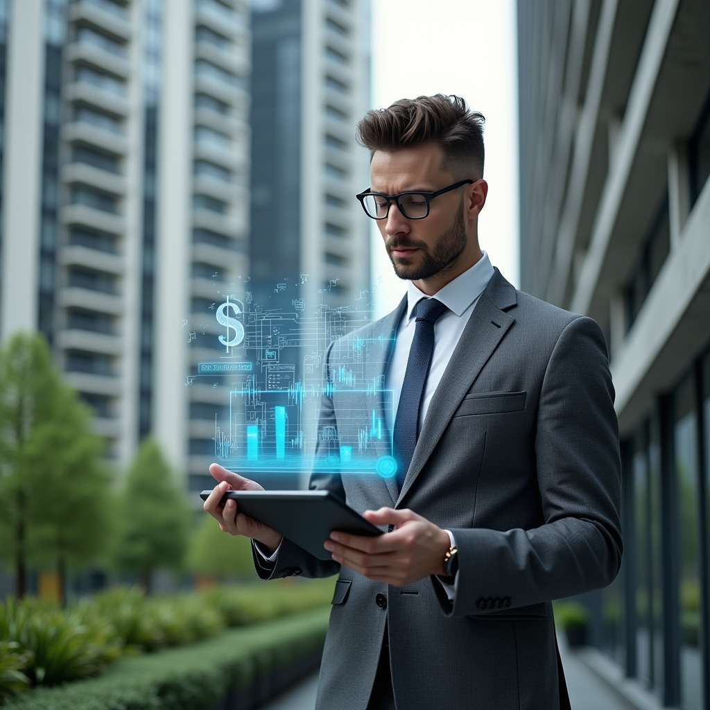 (Ultra-realistic condominium manager in a tailored gray executive suit, set in a modern luxury condominium environment with high-rise buildings and lush green landscaping, holding a digital tablet displaying holographic cost-saving graphs, analyzing financial data with a confident, focused expression, floating hologram of a blueprint and dollar symbol beside them, cinematic lighting, shallow depth of field, highly detailed textures, realistic skin, photographic realism, 8k resolution --ar 1:1 --v 6)