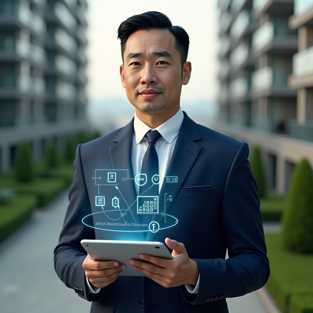 (Ultra-realistic condominium manager in a navy executive suit, set in a modern luxury condominium environment with high-rise buildings and manicured green landscaping, holding a tablet displaying holographic icons for instant notifications, financial charts, facility booking calendar, digital access control and maintenance checklist, confident and focused expression, cinematic lighting, shallow depth of field, highly detailed textures, realistic skin, photographic realism, 8k resolution --ar 1:1 --v 6)