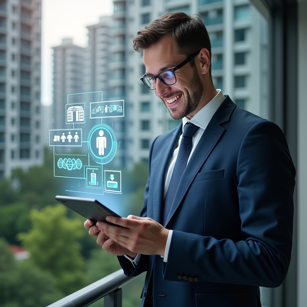 Ultra-realistic condominium manager in a navy executive suit, set in a modern luxury condominium environment with high-rise buildings and green landscaping, holding a digital tablet displaying holographic icons of finance, messaging, reservations, access control, and maintenance, confidently smiling and analyzing the interface, cinematic lighting, shallow depth of field, highly detailed textures, realistic skin, photographic realism, 8k resolution --ar 1:1 --v 6