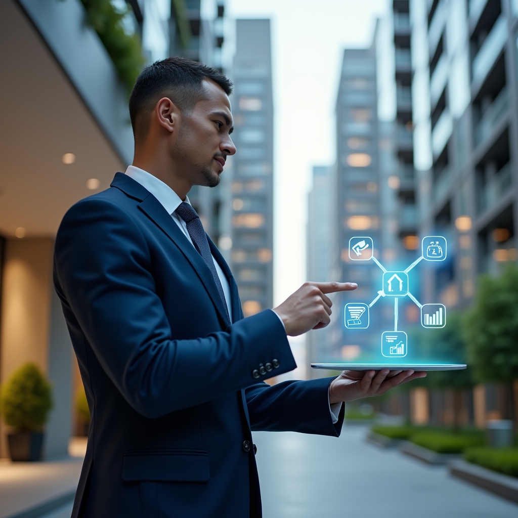 Ultra-realistic condominium manager in a tailored navy blue suit, standing in a modern luxury condominium environment with high-rise buildings and manicured green landscaping, holding a transparent tablet displaying five floating holographic icons representing communication, finance, reservations, maintenance, and analytics, confidently pointing at the holograms, cinematic lighting, shallow depth of field, highly detailed textures, realistic skin, photographic realism, 8k resolution --ar 1:1 --v 6