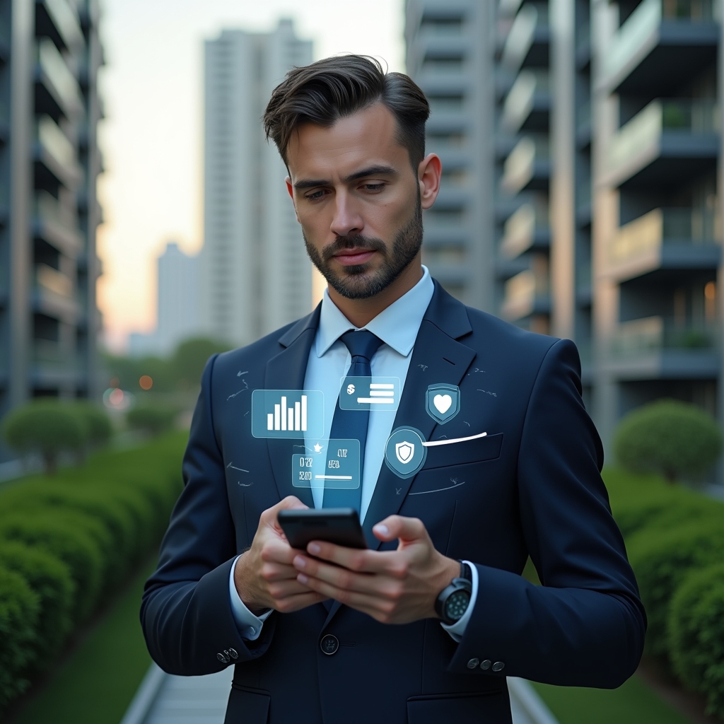 (Ultra-realistic condominium manager in a tailored navy suit, set in a modern luxury condominium environment with high-rise buildings and lush green landscaping, holding a smartphone from which holographic icons—finance charts, calendar reservation, chat bubbles, security shield, and bar-graph reports—emanate, confident and focused expression, cinematic lighting, shallow depth of field, highly detailed textures, realistic skin, photographic realism, 8k resolution --ar 1:1 --v 6)