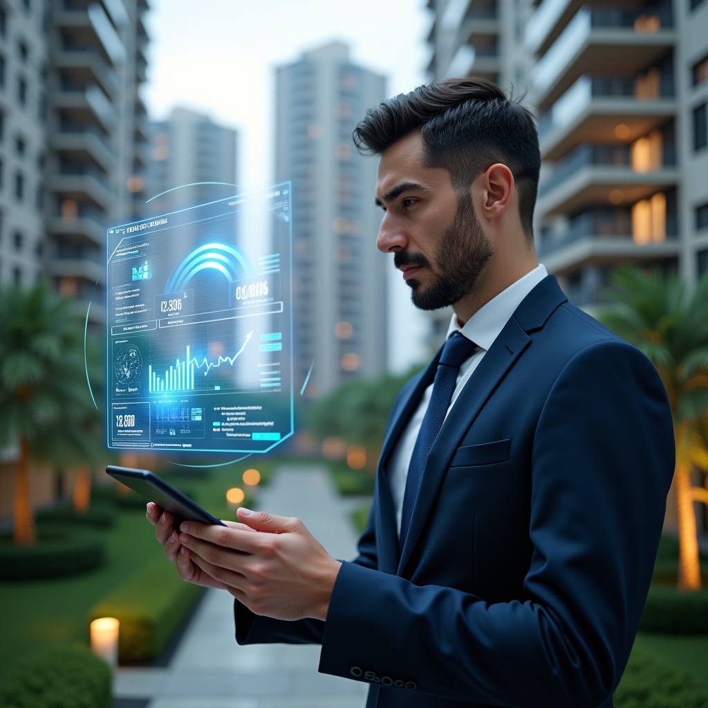 Ultra-realistic condominium manager in a tailored navy suit, set in a modern luxury condominium environment with high-rise buildings and lush green landscaping, examining a floating holographic financial report with glowing charts and icons, confident and focused expression, cinematic lighting, shallow depth of field, highly detailed textures, realistic skin, photographic realism, 8k resolution --ar 1:1 --v 6
