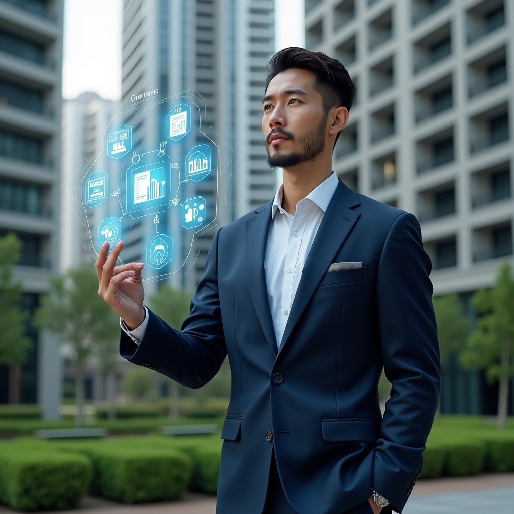 (Ultra-realistic condominium manager in a dark blue suit, set in a modern luxury condominium environment with high-rise buildings and manicured green landscaping, interacting with a floating holographic interface displaying icons for communication, financial reports, booking calendar, access control and performance dashboards, confident and focused expression, cinematic lighting, shallow depth of field, highly detailed textures, realistic skin, photographic realism, 8k resolution --ar 1:1 --v 6)