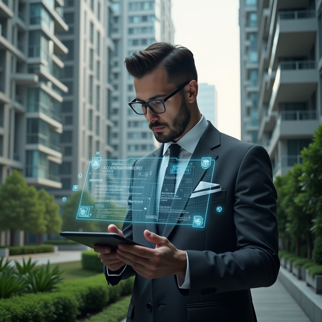 (Ultra-realistic condominium manager in a charcoal gray tailored suit, set in a modern luxury condominium environment with high-rise buildings and meticulously landscaped greenery, examining a holographic tablet interface showing warning icons and system errors, holographic glitch effects hovering around, conveying a serious and analytical mood, cinematic lighting, shallow depth of field, highly detailed textures, realistic skin, photographic realism, 8k resolution --ar 1:1 --v 6)