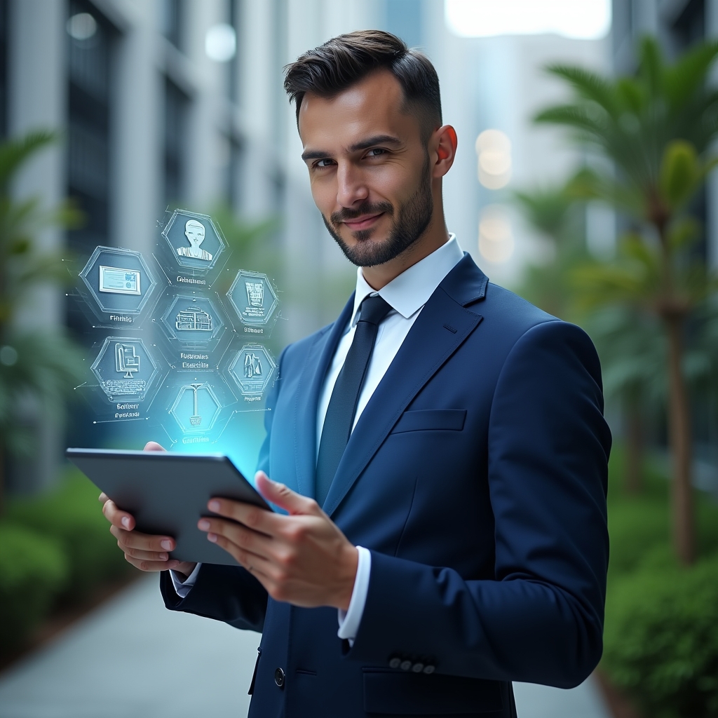 (Ultra-realistic condominium manager in a navy blue executive suit, set in a modern luxury condominium environment with high-rise buildings and lush green landscaping, holding a digital tablet projecting a holographic condominium app interface with icons for communication, finance, maintenance, confidently analyzing data with a slight smile, futuristic holographic charts floating around, cinematic lighting, shallow depth of field, highly detailed textures, realistic skin, photographic realism, 8k resolution --ar 1:1 --v 6)