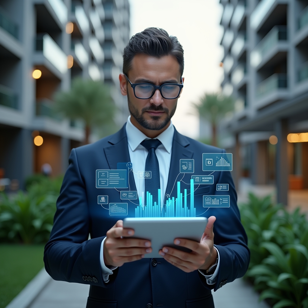 (Ultra-realistic condominium manager in a navy blue suit, set in a modern luxury condominium environment with high-rise buildings and lush green landscaping, holding a transparent tablet displaying holographic financial charts and automated workflows, analyzing data with a confident expression, floating icons of checklists, invoices and a condo app interface, cinematic lighting, shallow depth of field, highly detailed textures, realistic skin, photographic realism, 8k resolution --ar 1:1 --v 6)