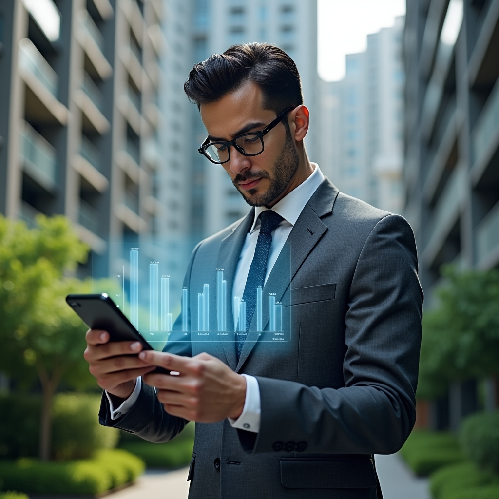 Ultra-realistic condominium manager in a charcoal gray suit, set in a modern luxury condominium environment with high-rise buildings and lush green landscaping, mid-shot of a confident, focused professional analyzing a holographic financial dashboard displaying descending expense graphs and a floating smartphone screen with an app interface icon, cinematic lighting, shallow depth of field, highly detailed textures, realistic skin, photographic realism, 8k resolution --ar 1:1 --v 6