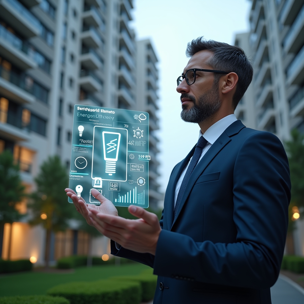 (Ultra-realistic condominium manager in a tailored navy suit, set in a modern luxury condominium environment with high-rise buildings and manicured green landscaping, confidently analyzing a holographic energy-efficiency dashboard floating before them, with glowing icons of light bulbs, gears and security shields symbolizing automation and cost reduction, cinematic lighting, shallow depth of field, highly detailed textures, realistic skin, photographic realism, 8k resolution --ar 1:1 --v 6)