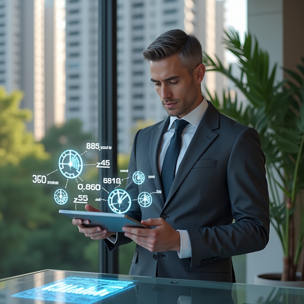 (Ultra-realistic condominium manager in a dark gray tailored suit, set in a modern luxury condominium environment with high-rise buildings and manicured green landscaping, standing at a sleek glass table holding a digital tablet displaying holographic pie charts of unit fractions, examining calculations with a thoughtful, confident expression, floating financial graphs and fraction ideal icons around, cinematic lighting, shallow depth of field, highly detailed textures, realistic skin, photographic realism, 8k resolution --ar 1:1 --v 6)