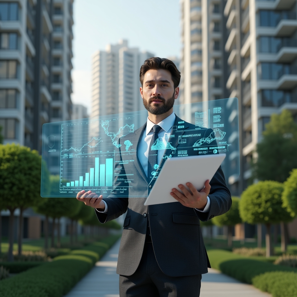 (Ultra-realistic condominium manager in a dark gray tailored suit, set in a modern luxury condominium environment with high-rise buildings and manicured gardens, holding and presenting a translucent holographic financial report with charts and graphs, confident expression, holographic icons of coins and balance scales floating beside, cinematic lighting, shallow depth of field, highly detailed textures, realistic skin, photographic realism, 8k resolution --ar 1:1 --v 6)