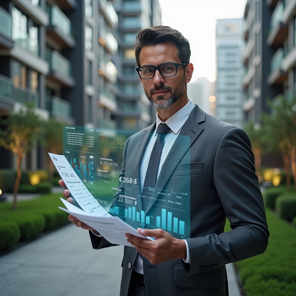 Ultra-realistic condominium manager in a charcoal gray executive suit, set in a modern luxury condominium environment with high-rise buildings and manicured green landscaping, standing confidently while reviewing a holographic balance sheet and transparent floating financial graphs, cinematic lighting, shallow depth of field, highly detailed textures, realistic skin, photographic realism, 8k resolution --ar 1:1 --v 6