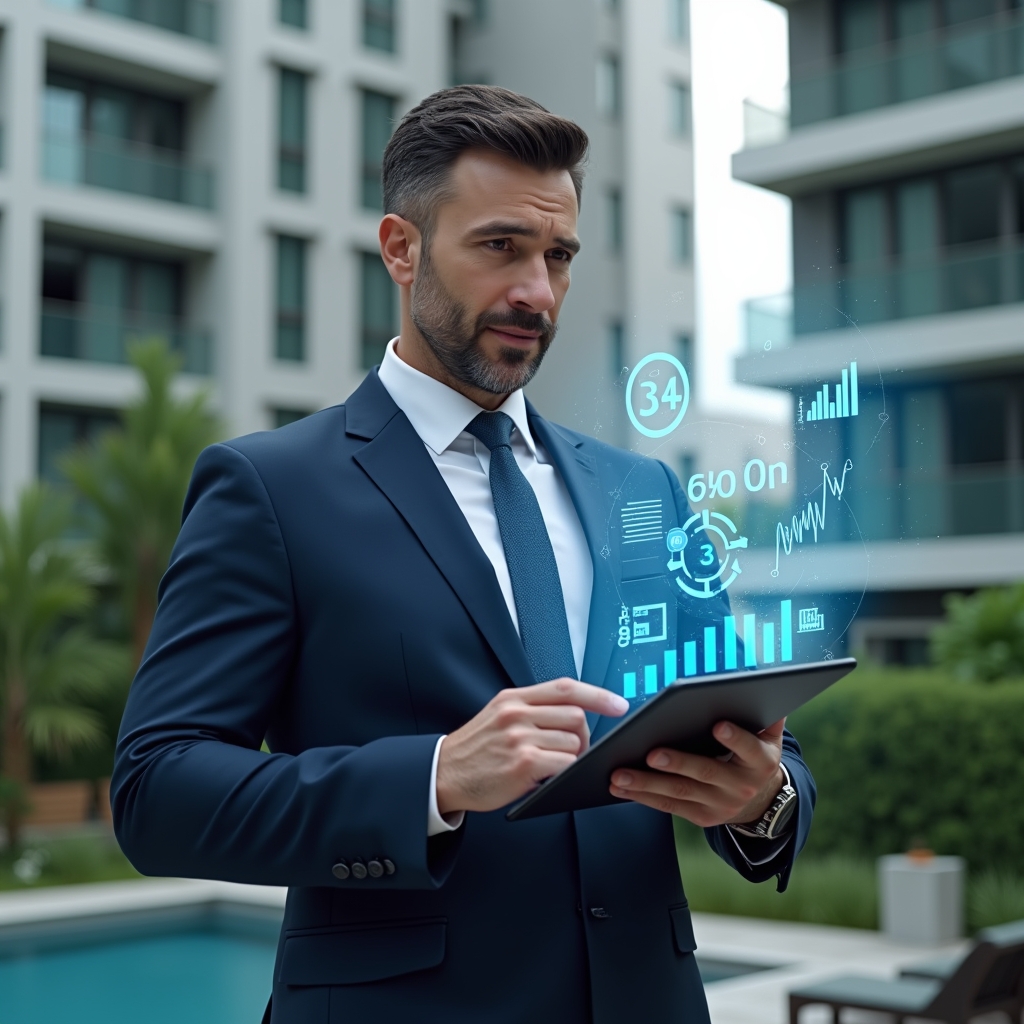 Ultra-realistic condominium manager in a navy blue suit, set in a modern luxury condominium environment with high-rise buildings and green landscaping, holding a tablet displaying holographic expense charts and budget analytics, confident and focused expression, holographic icons of coins and graphs floating beside, cinematic lighting, shallow depth of field, highly detailed textures, realistic skin, photographic realism, 8k resolution --ar 1:1 --v 6