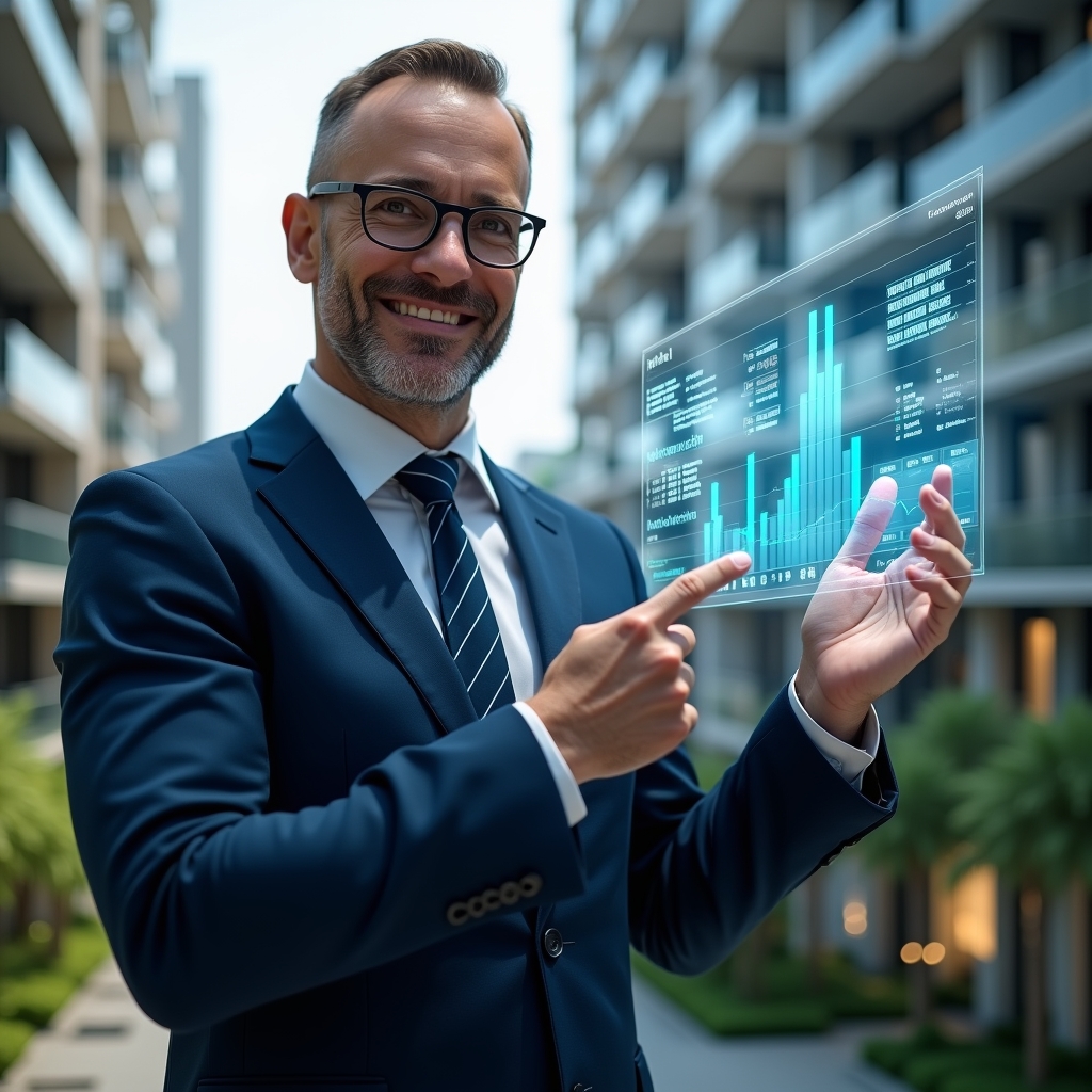 (Ultra-realistic condominium manager in a navy blue suit, set in a modern luxury condominium environment with high-rise buildings and manicured gardens, presenting a holographic financial report with transparent charts and graphs, pointing confidently to the data with a welcoming expression, floating holographic icons of spreadsheets and bar graphs, cinematic lighting, shallow depth of field, highly detailed textures, realistic skin, photographic realism, 8k resolution --ar 1:1 --v 6)