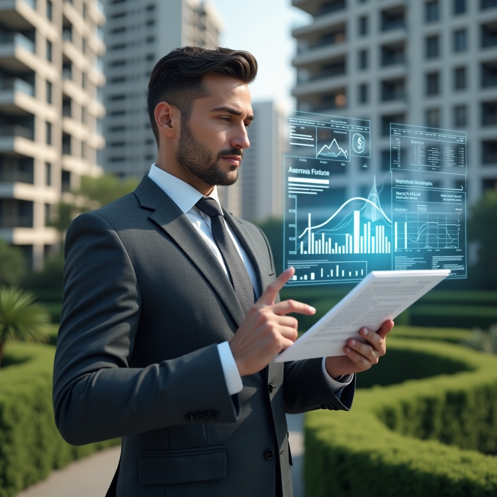 (Ultra-realistic condominium manager in a tailored charcoal gray suit, set in a modern luxury condominium environment with high-rise buildings and manicured greenery, analyzing floating holographic financial reports and dynamic graphs, symbols of transparency and speed, confident expression as they gesture toward the data, cinematic lighting, shallow depth of field, highly detailed textures, realistic skin, photographic realism, 8k resolution --ar 1:1 --v 6)