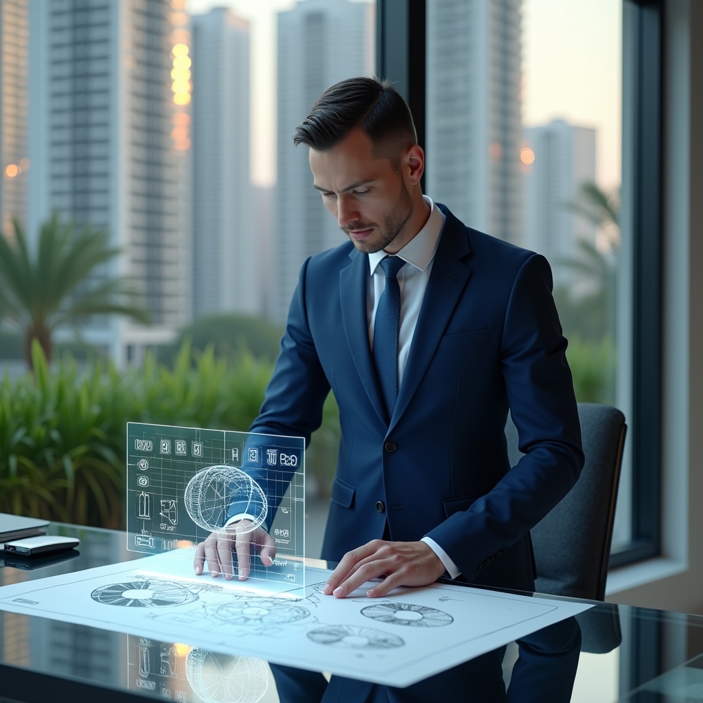 (Ultra-realistic condominium manager in a navy blue tailored suit, set in a modern luxury condominium environment with high-rise buildings and manicured green landscaping, examining a holographic pie chart of unit fractions projected above a digital blueprint on a glass desk, holographic fractional diagrams floating around, cinematic lighting, shallow depth of field, highly detailed textures, realistic skin, photographic realism, 8k resolution --ar 1:1 --v 6)