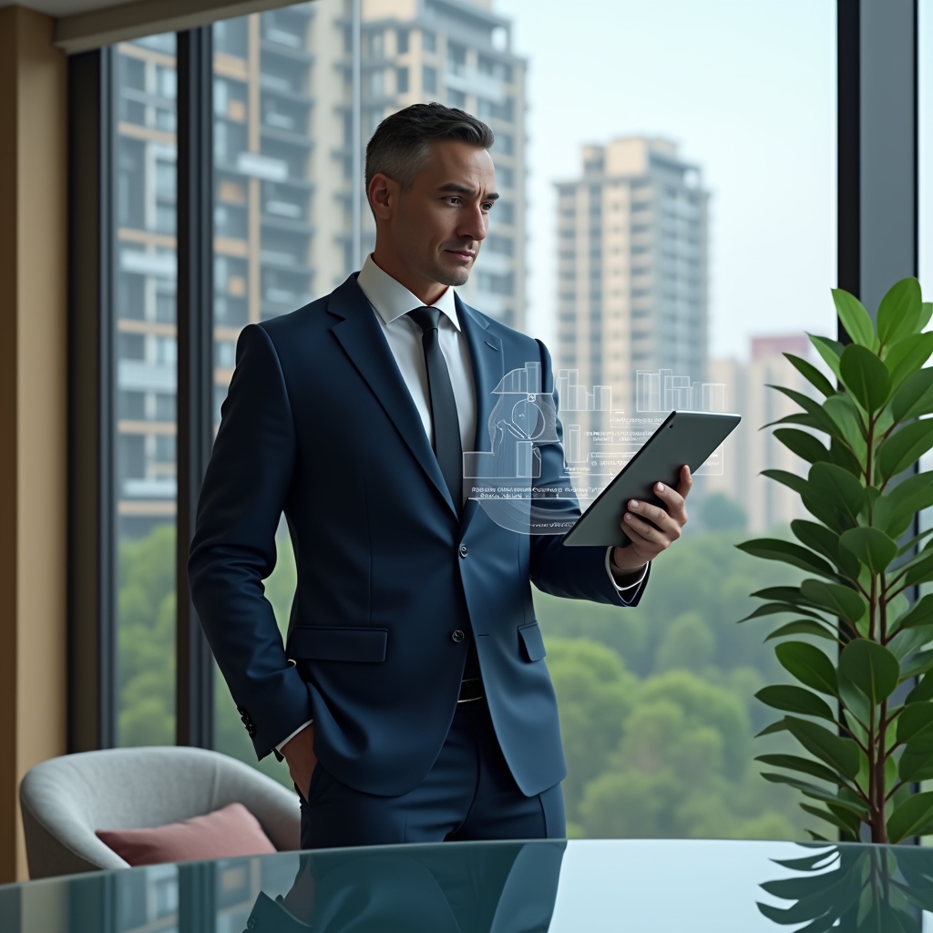 (Ultra-realistic condominium manager in a tailored navy suit, set in a modern luxury condominium environment with high-rise buildings and lush green landscaping, standing confidently at a glass table analyzing a holographic pie chart of unit fractions, holding a sleek tablet displaying transparent graphs, cinematic lighting, shallow depth of field, highly detailed textures, realistic skin, photographic realism, 8k resolution --ar 1:1 --v 6)
