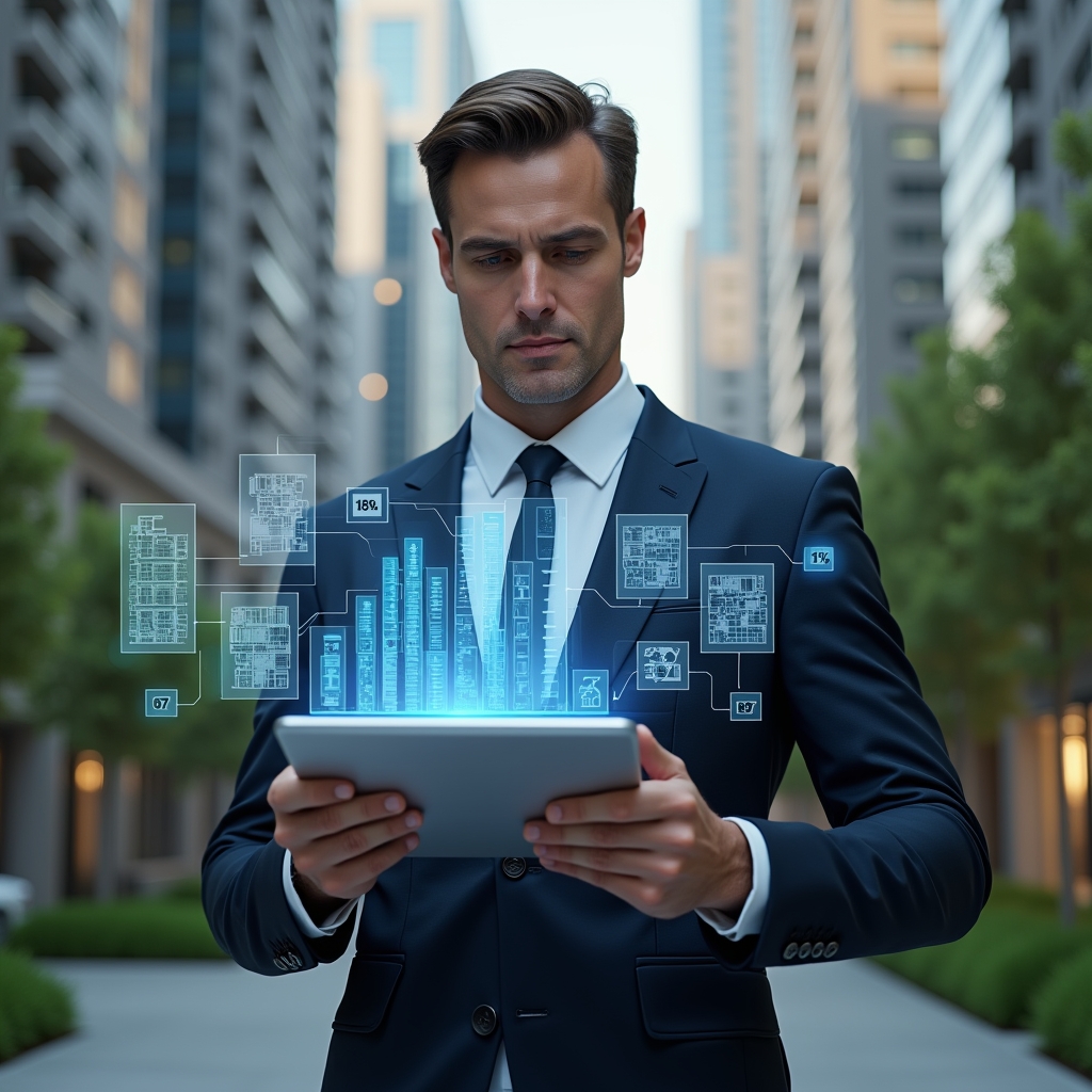 Ultra-realistic condominium manager in a navy suit, set in a modern luxury condominium environment with high-rise buildings and manicured green landscaping, holding a transparent digital tablet displaying holographic fraction charts and unit floor plans, analyzing data with a confident, focused expression, floating schematic icons of building units and percentage symbols around them, cinematic lighting, shallow depth of field, highly detailed textures, realistic skin, photographic realism, 8k resolution --ar 1:1 --v 6