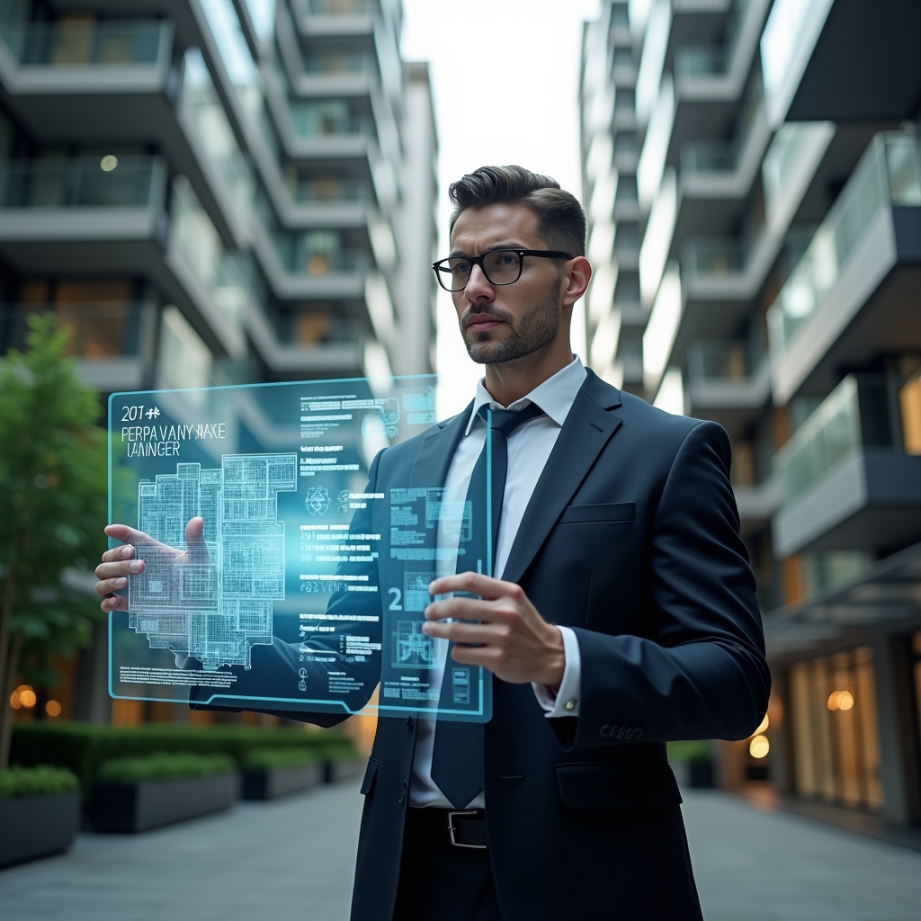 “Ultra-realistic condominium manager in a dark tailored suit, set in a modern luxury condominium environment with high-rise buildings and pristine green landscaping, holding a holographic projection of building floor plans and numerical charts as if calculating unit share, confident and focused expression, floating milésimos icons and blueprint overlay, cinematic lighting, shallow depth of field, highly detailed textures, realistic skin, photographic realism, 8k resolution --ar 1:1 --v 6”