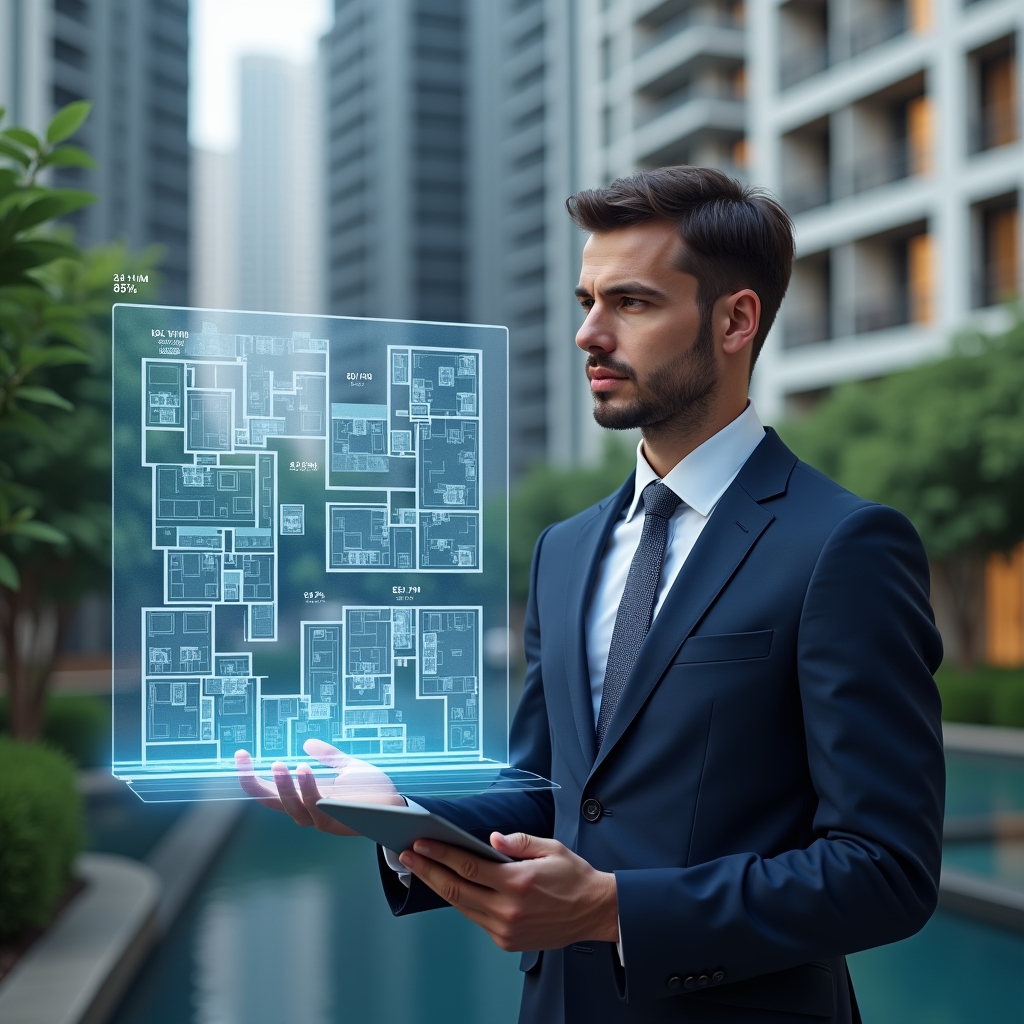 Ultra-realistic condominium manager in a navy blue business suit, set in a modern luxury condominium environment with high-rise buildings and lush green landscaping, analyzing a floating holographic floor plan and percentage charts representing ideal unit fractions while holding a digital tablet, thoughtful and confident expression, cinematic lighting, shallow depth of field, highly detailed textures, realistic skin, photographic realism, 8k resolution --ar 1:1 --v 6