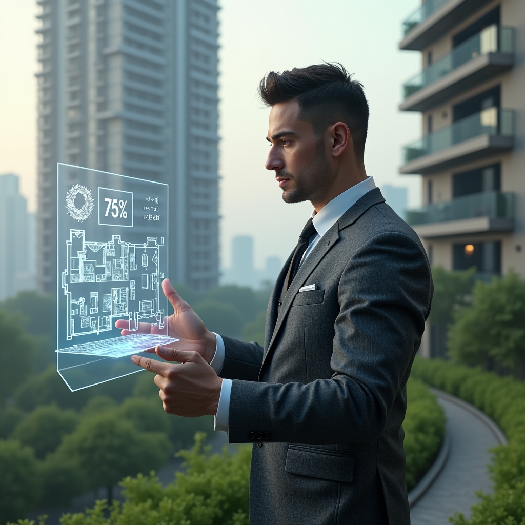 Ultra-realistic condominium manager in a charcoal gray executive suit, set in a modern luxury condominium environment with high-rise buildings and lush green landscaping, analyzing a floating holographic floorplan with percentage calculations and fraction ideal icons, confident and focused expression, cinematic lighting, shallow depth of field, highly detailed textures, realistic skin, photographic realism, 8k resolution --ar 1:1 --v 6