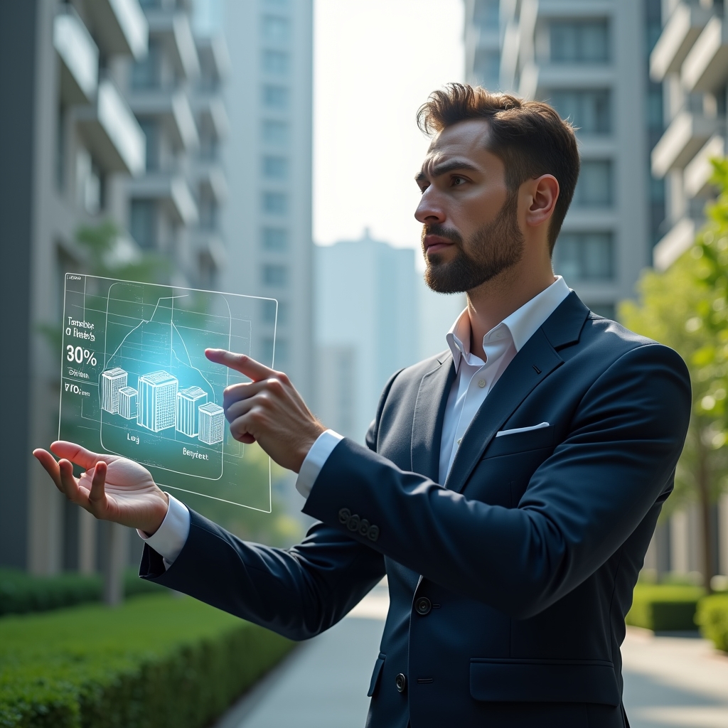 Ultra-realistic condominium manager in a tailored navy suit, set in a modern luxury condominium environment with high-rise buildings and manicured green landscaping, standing in a mid-shot and pointing thoughtfully at a floating holographic pie chart showing fractional unit percentages, holographic schematic of apartment blocks beside him, confident and focused expression, cinematic lighting, shallow depth of field, highly detailed textures, realistic skin, photographic realism, 8k resolution --ar 1:1 --v 6