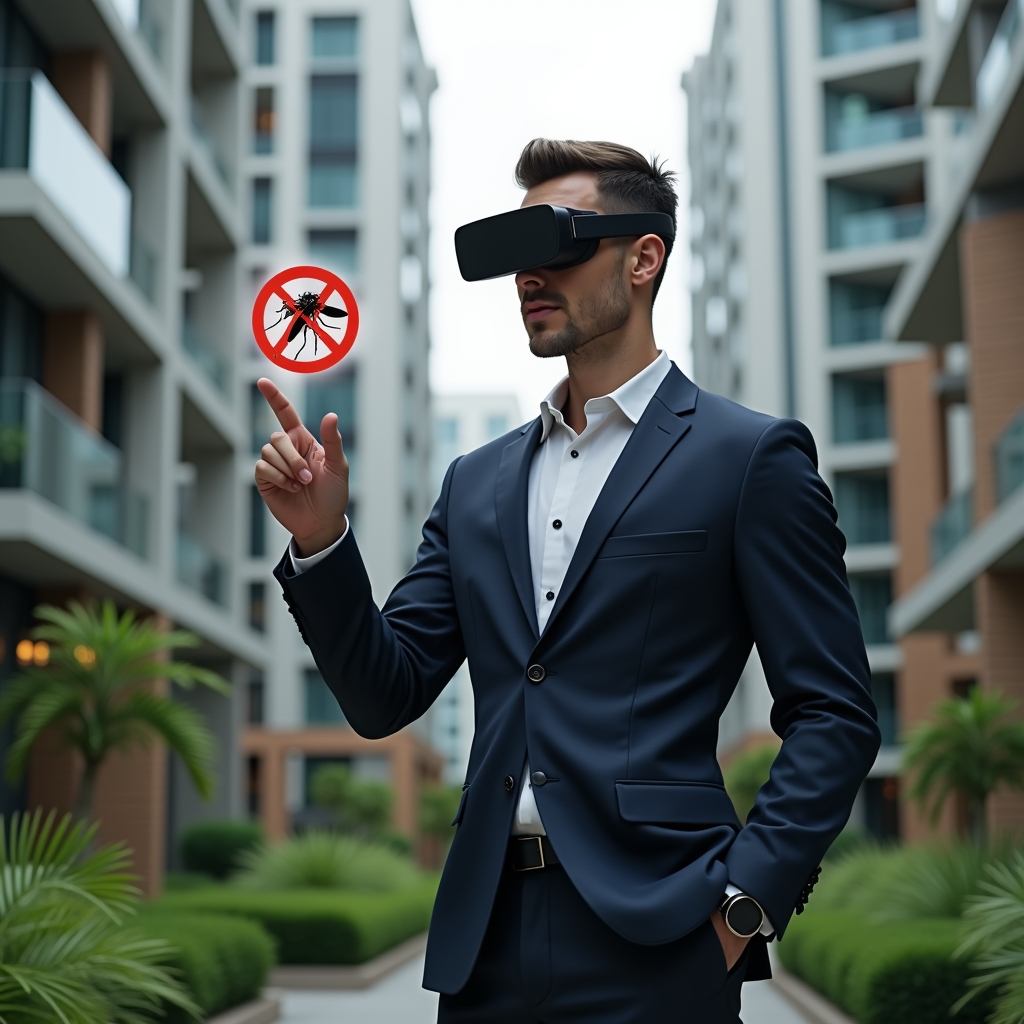 Ultra-realistic condominium manager in a navy suit, set in a modern luxury condominium environment with high-rise buildings and manicured green landscaping, inspecting a holographic mosquito icon with a red “no” symbol projected above a flowerbed, focused and determined expression, cinematic lighting, shallow depth of field, highly detailed textures, realistic skin, photographic realism, 8k resolution --ar 1:1 --v 6