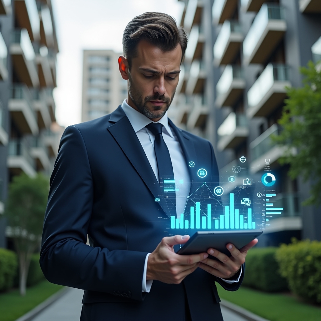 Ultra-realistic condominium manager in a navy executive suit, set in a modern luxury condominium environment with high-rise buildings and lush green landscaping, analyzing a holographic financial dashboard on a tablet with floating icons of budgets and expense charts, confident and focused expression, cinematic lighting, shallow depth of field, highly detailed textures, realistic skin, photographic realism, 8k resolution --ar 1:1 --v 6