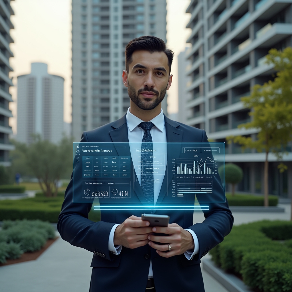 Ultra-realistic condominium manager in a tailored navy suit, set in a modern luxury condominium environment with high-rise buildings and lush landscaping, holding a transparent holographic financial dashboard displaying categorized expense charts and approval icons, confident and focused expression, cinematic lighting, shallow depth of field, highly detailed textures, realistic skin, photographic realism, 8k resolution --ar 1:1 --v 6
