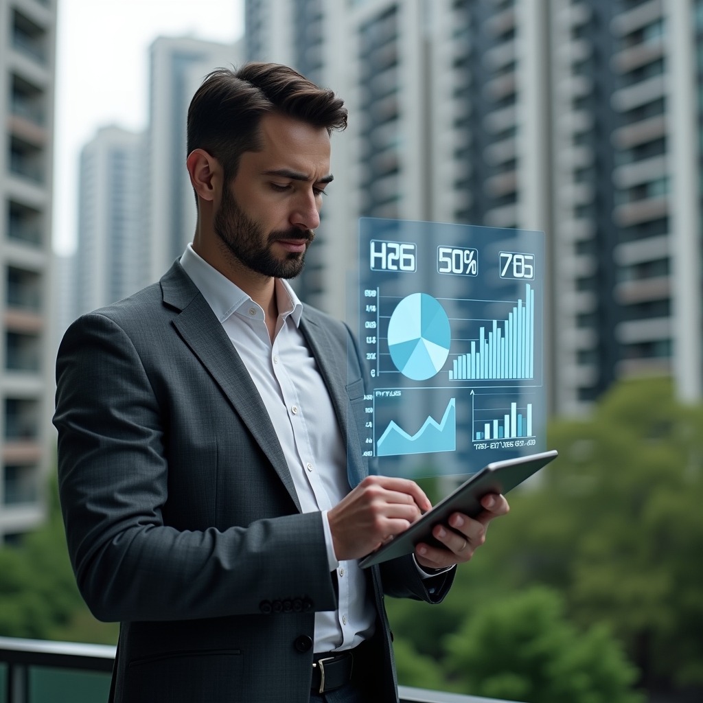 Ultra-realistic condominium manager in a charcoal gray tailored suit, set in a modern luxury condominium environment with high-rise buildings and green landscaping, examining a transparent holographic expense chart projected above a tablet in his hands, floating pie charts and bar graphs indicating cost control, cinematic lighting, shallow depth of field, highly detailed textures, realistic skin, photographic realism, 8k resolution --ar 1:1 --v 6