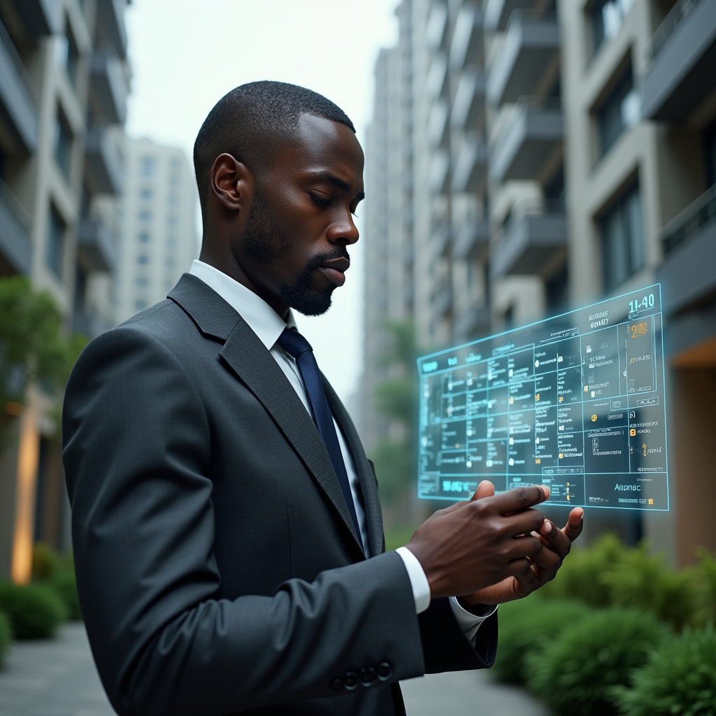 Ultra-realistic condominium manager in a tailored dark gray suit, set in a modern luxury condominium environment with high-rise buildings and meticulously landscaped green areas, examining a floating holographic calendar schedule with task icons and deadlines, confident and focused expression, cinematic lighting, shallow depth of field, highly detailed textures, realistic skin, photographic realism, 8k resolution --ar 1:1 --v 6