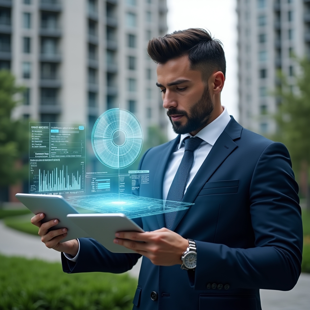 Ultra-realistic condominium manager in a tailored navy blue suit, set in a modern luxury condominium environment with high-rise buildings and lush green landscaping, examining a floating holographic pie chart of ideal fraction ratios while holding a tablet displaying blueprint overlays, confident and focused expression, cinematic lighting, shallow depth of field, highly detailed textures, realistic skin, photographic realism, 8k resolution --ar 1:1 --v 6