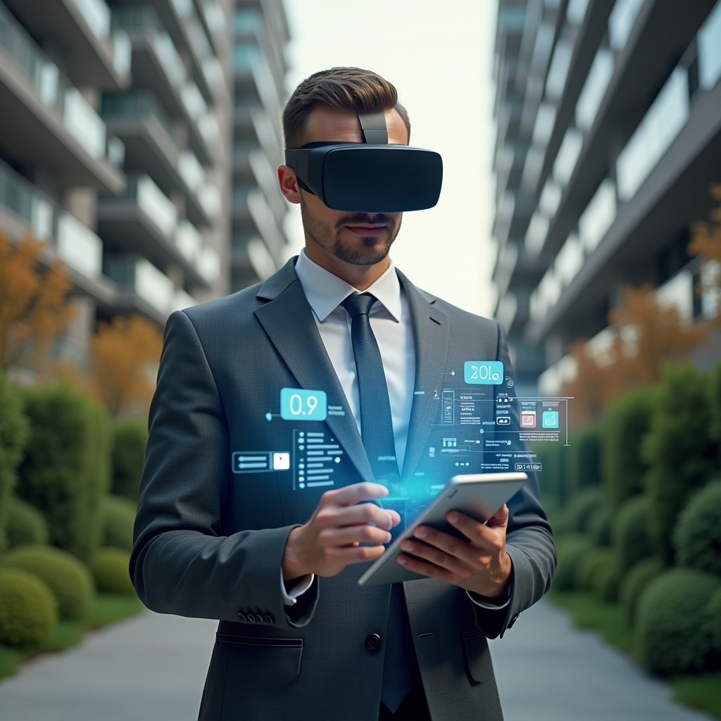 (Ultra-realistic condominium manager in a charcoal gray suit, set in a modern luxury condominium environment with high-rise buildings and lush green landscaping, mid shot of a confident professional interacting with a floating holographic activity calendar and checklist icons, holding a sleek tablet displaying maintenance schedules and assembly notifications, cinematic lighting, shallow depth of field, highly detailed textures, realistic skin, photographic realism, 8k resolution --ar 1:1 --v 6)
