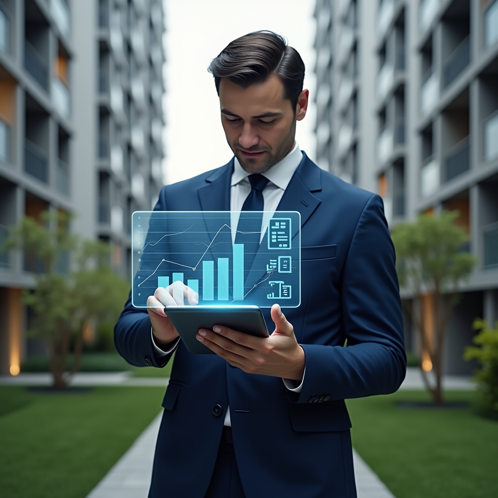 (Ultra-realistic condominium manager in a navy blue tailored suit, set in a modern luxury condominium environment with high-rise buildings and manicured green gardens, reviewing digital proposals on a transparent tablet hologram displaying graphs and contract icons, confident and focused expression, subtle **app interface** symbol floating beside, cinematic lighting, shallow depth of field, highly detailed textures, realistic skin, photographic realism, 8k resolution --ar 1:1 --v 6)