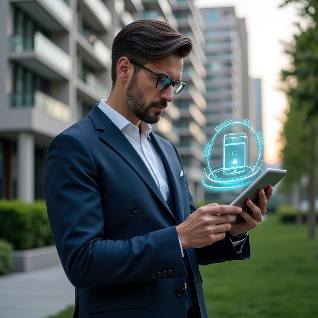 (Ultra-realistic condominium manager in a tailored navy suit, set in a modern luxury condominium environment with high-rise buildings and manicured green landscaping, examining a digital tablet displaying a floating holographic app interface, confident and focused expression, cinematic lighting, shallow depth of field, highly detailed textures, realistic skin, photographic realism, 8k resolution --ar 1:1 --v 6)