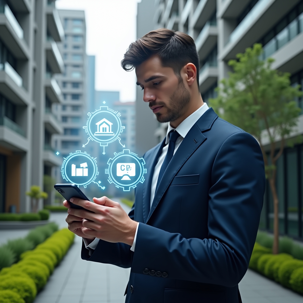 (Ultra-realistic property manager in a navy blue executive suit, set in a modern luxury condominium environment with high-rise buildings and manicured green landscaping, examining a floating holographic condominium management app interface with interactive icons representing finance, reservations and communication, confident and focused expression, cinematic lighting, shallow depth of field, highly detailed textures, realistic skin, photographic realism, 8k resolution --ar 1:1 --v 6)