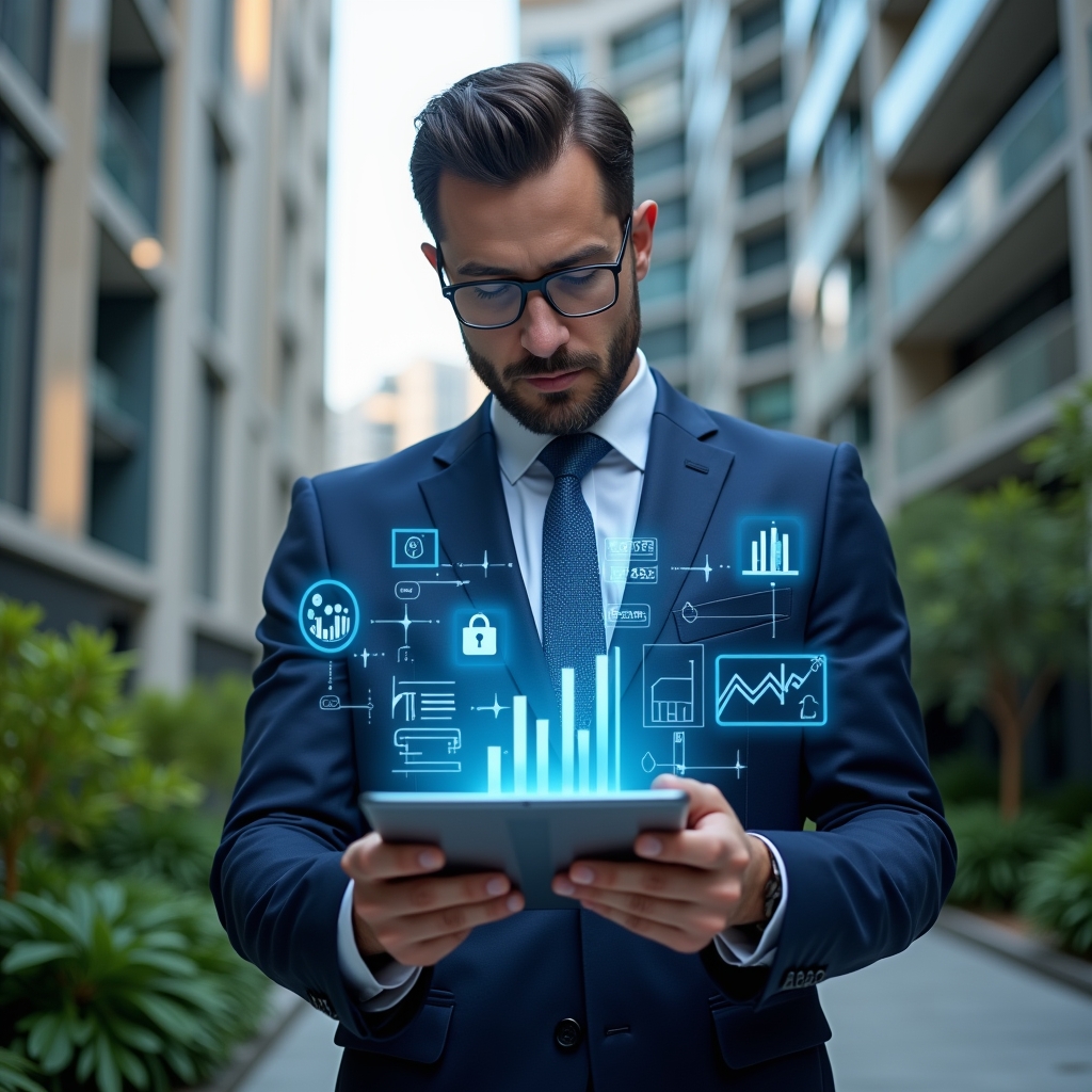 (Ultra-realistic condominium manager in a navy blue suit, set in a modern luxury condominium environment with high-rise buildings and lush green landscaping, holding a transparent tablet displaying holographic app icons and analytics charts, inspecting the interface with a focused and confident expression, futuristic holographic UI elements symbolizing security, usability, and financial reports floating around, cinematic lighting, shallow depth of field, highly detailed textures, realistic skin, photographic realism, 8k resolution --ar 1:1 --v 6)