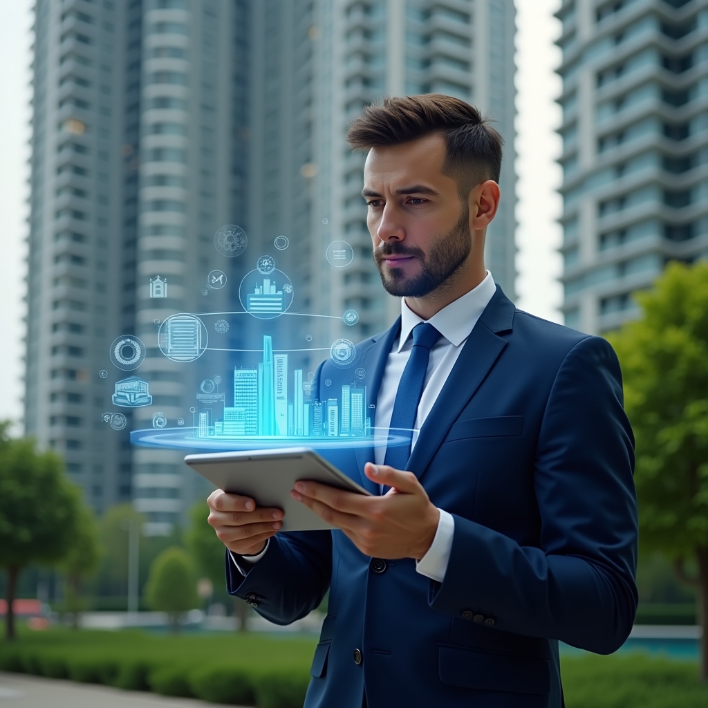 Ultra-realistic condominium manager in a navy blue suit, set in a modern luxury condominium environment with high-rise buildings and lush green landscaping, mid-shot of a professional interacting with a floating holographic condominium management app interface projected from a tablet, holographic icons of charts, building layouts and gears orbiting around, confident and focused expression, cinematic lighting, shallow depth of field, highly detailed textures, realistic skin, photographic realism, 8k resolution --ar 1:1 --v 6