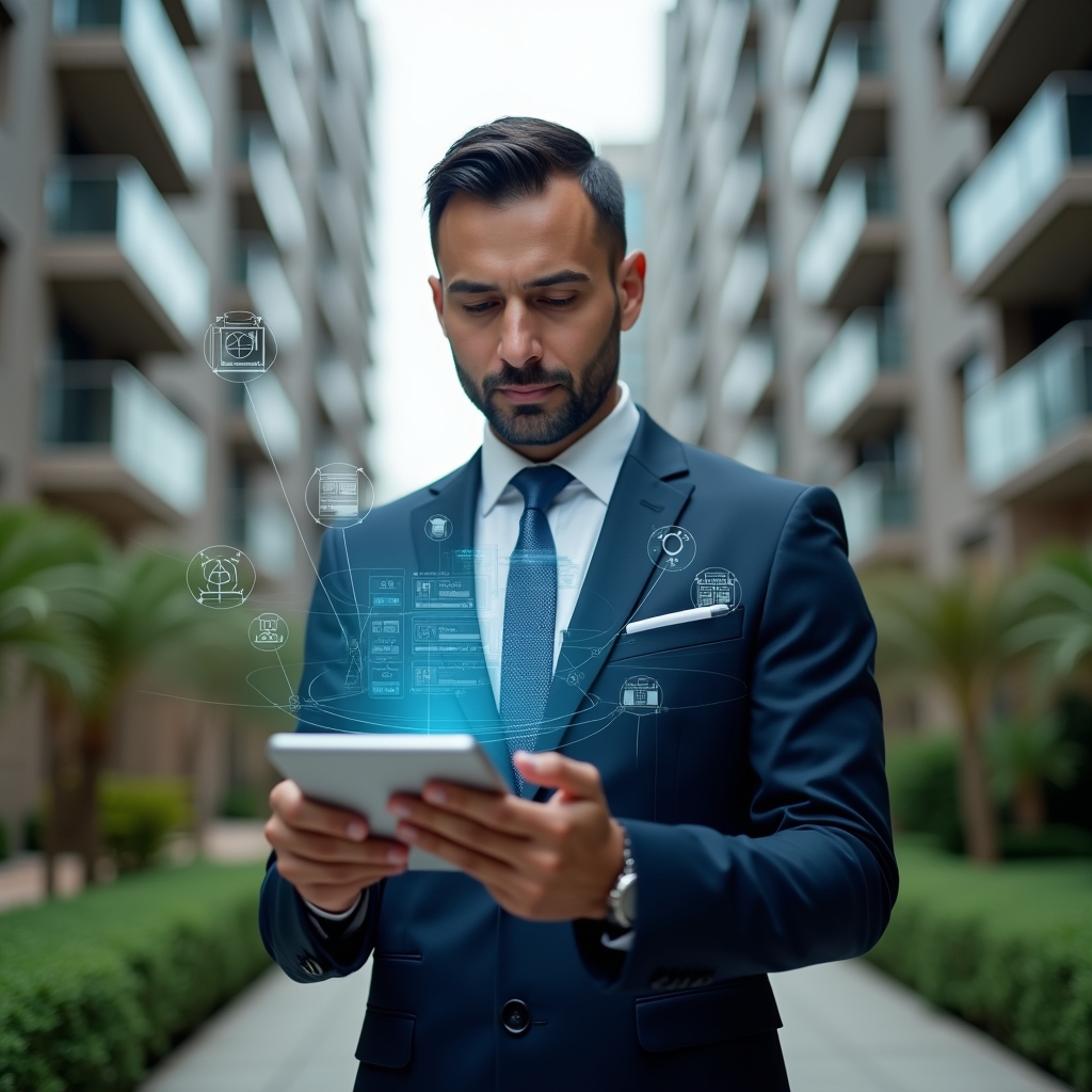 Ultra-realistic condominium manager in a navy executive suit, set in a modern luxury condominium environment with high-rise buildings and manicured green landscaping, holding a tablet displaying a holographic condo management app interface, surrounded by floating icons of notifications, financial charts and reservation symbols, confident and focused expression, cinematic lighting, shallow depth of field, highly detailed textures, realistic skin, photographic realism, 8k resolution --ar 1:1 --v 6