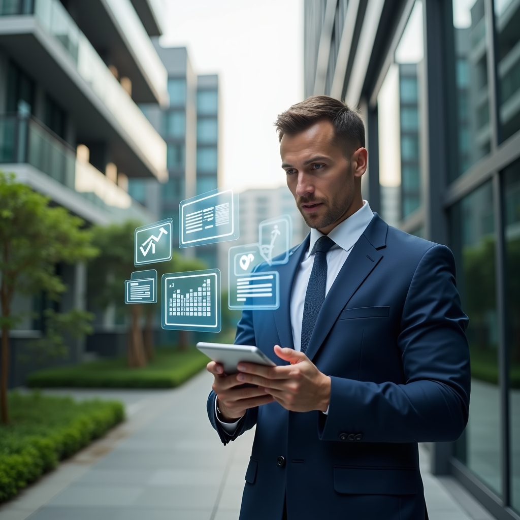 Ultra-realistic condominium manager in a navy blue tailored suit, set in a modern luxury condominium environment with high-rise buildings and lush green landscaping, holding a digital tablet displaying an intuitive management app interface, confident and focused expression, holographic icons of tasks, communication bubbles and financial charts floating around, cinematic lighting, shallow depth of field, highly detailed textures, realistic skin, photographic realism, 8k resolution --ar 1:1 --v 6