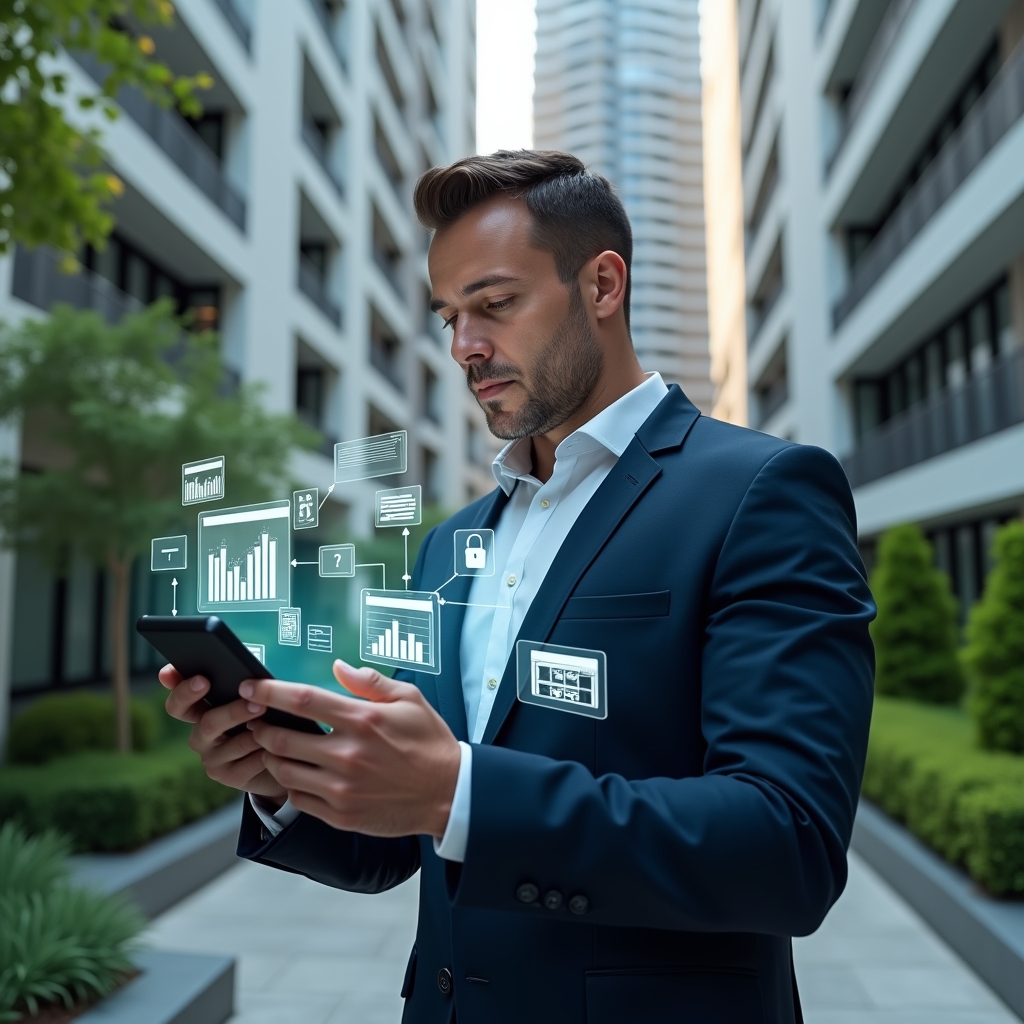 Ultra-realistic condo manager in a navy suit, set in a modern luxury condominium environment with high-rise buildings and meticulously maintained green landscaping, analyzing a holographic smartphone interface displaying app metrics and comparative graphs, floating icons of financial reports, security locks and chat bubbles around, confident and focused expression, cinematic lighting, shallow depth of field, highly detailed textures, realistic skin, photographic realism, 8k resolution --ar 1:1 --v 6